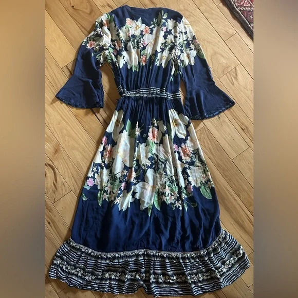 Anthropologie Farm Floral Blue and White Bell Sleeve Wrap Dress - Picture 2 of 8